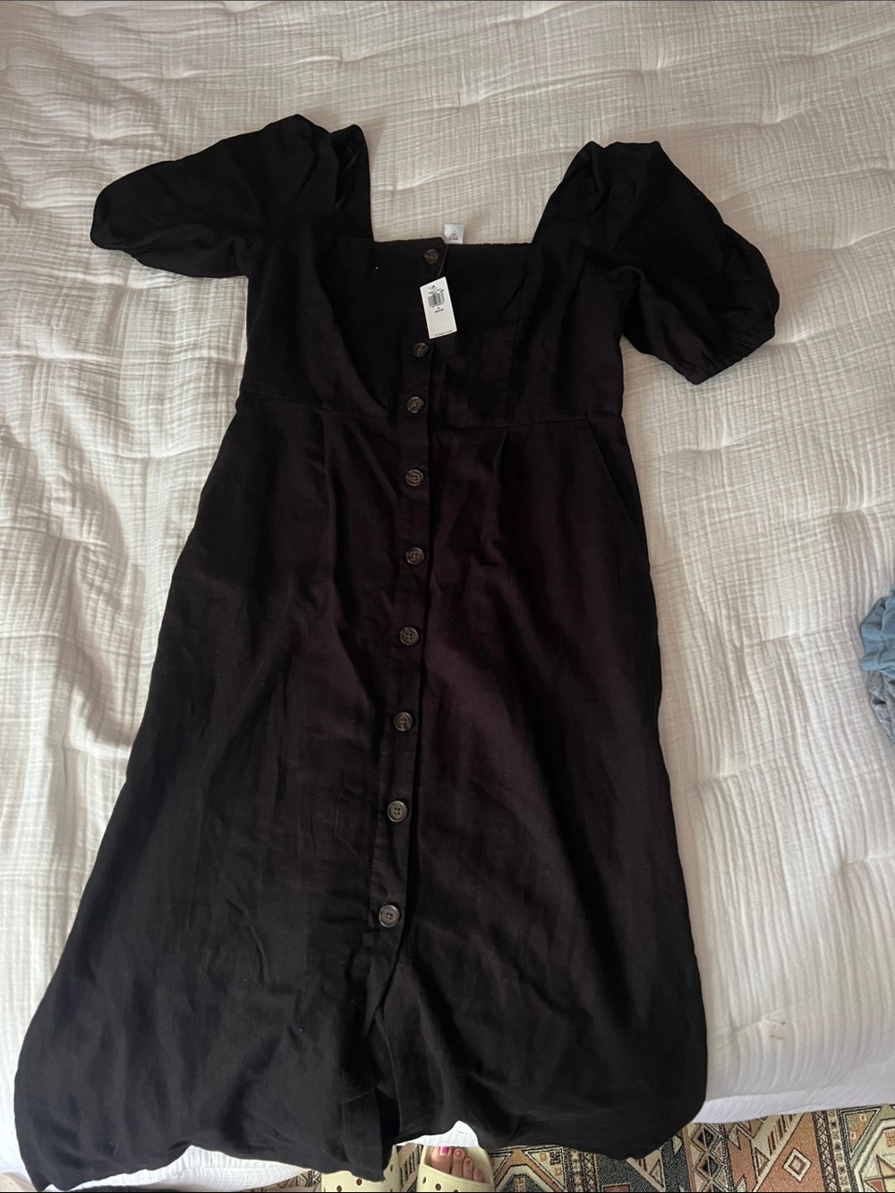 Old Navy Black Button-Down Puff Sleeve Midi Dress